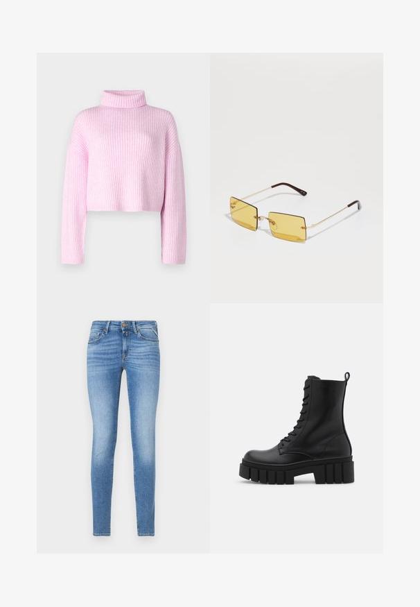 Rosa geripptes Sweatshirt mit hohem Kragen, verkürztem Schnitt und langen Ärmeln. Der strukturierte Stoff weist dezente vertikale Streifen auf.; Slim-Fit hellblaue Jeans im Denim-Stil mit mittelhohem Bund, vorderem Knopf und Fünf-Taschen-Design.; Schwarze Lederknöchelstiefel mit klobiger, gerippter Sohle, Schnürung vorne und Zuglasche auf glattem weißen Hintergrund.; Quadratische Sonnenbrillen mit gelben Gläsern, goldfarbenem Metallrahmen und braunen Akzenten an den Bügeln. Minimalistisches Design mit klaren Nasenpads.; Rosa Leder-Umhängetasche mit runder Form, goldfarbenem Reißverschluss und verstellbarem Tragegurt. Mit eingeprägtem Logo auf der Vorderseite.; Goldene Creolen mit einer glatten, glänzenden Oberfläche. Zirkuläres Design mit einem kleinen Stecker und einer klaren Rückseite für einen sicheren Sitz.