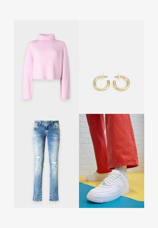 Pull ribbé rose avec un col montant, design court et manches longues. Le tissu texturé présente de légères rayures verticales.; Jeans en denim bleu clair avec une coupe décontractée, présentant des détails usés, une braguette à boutons avec deux boutons et des jambes droites.; Baskets blanches en cuir avec une boîte à orteils perforée, semelle texturée et lacets blancs, associées à un large pantalon rouge et un fond bleu et jaune.; Boucles d'oreilles en or avec une finition lisse et brillante. Design circulaire présentant un petit clou et une attache transparente pour un port sécurisé.
