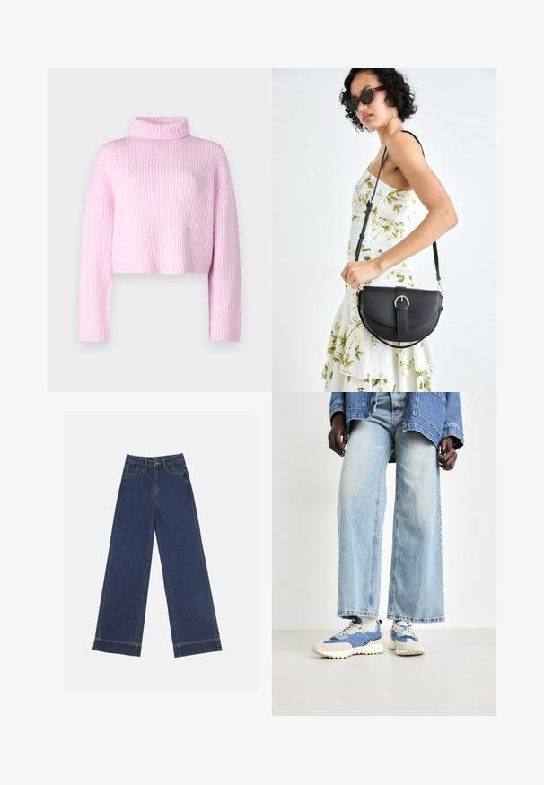 Rosa geripptes Sweatshirt mit hohem Kragen, verkürztem Schnitt und langen Ärmeln. Der strukturierte Stoff weist dezente vertikale Streifen auf.; Weite Jeans in dunkelblauem Denim. Verfügt über fünf Taschen, Gürtelschlaufen und einen rohen Saum am unteren Ende mit sichtbaren Nahtdetails.; Blaue Denim-Hose mit weitem Bein, kombiniert mit blauen und cremefarbenen Sneakers aus strukturiertem Stoff und mit Schnürsenkeln, vor einem neutralen Hintergrund.; Schwarze Lederhandtasche mit geschwungener Form, abnehmbarem Tragegurt und goldenen Beschlägen. Die Tasche verfügt über einen Deckel mit einer Schnallen-Details.