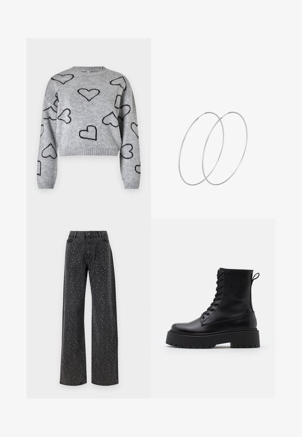 Pelēks adīts džemperis ar īsu dizainu, apaļu kakla izgriezumu un melniem sirds rakstiem visā virsmā. Ribota aproce un apakšmala.; Noisy May NMJANNEL LOOSE - Brīva piegriezuma džinsi - black denim; Melni ādas potītēm zābaki ar apļveida purngalu, auklām priekšpusē un biezu gumijas zoli ar teksturētu protektoru. Velkšanas cilpa aizmugurē.; Sudraba gredzenveida auskari ar minimālistisku dizainu. Cirkulāra forma, gluda tekstūra un plāns profils. Vieglu svaru ar spīdīgu apdari.