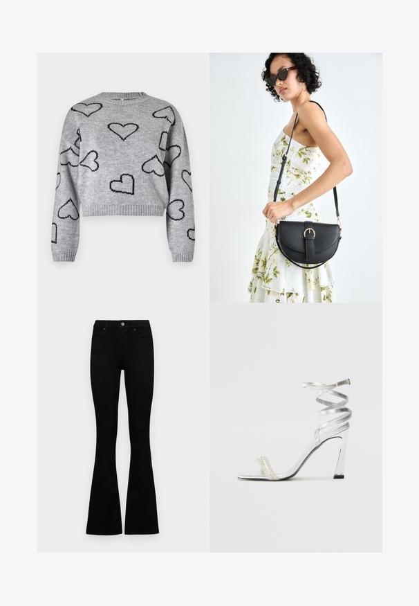 Szürke kötött pulóver, melynek rövidített dizájnja van, kerek nyakrésze és fekete szívmintái vannak az egész felületen. Bordázott mandzsetták és alsó szegély.; Fekete, magas derekú farmernadrág gomb- és cipzárzárral, elülső zsebekkel és harangszárral, laposan egy fehér háttérre terítve.; Ezüst színű, magas sarkú szandál, csillogó pánt dizájnnal, gyöngyszerű díszítéssel és spirális bokapánttal a biztos illeszkedés érdekében.; Fekete bőrtáska ívelt formával, levehető pánttal és arany színű fémrészekkel. A táskán egy csattal díszített fedél található.