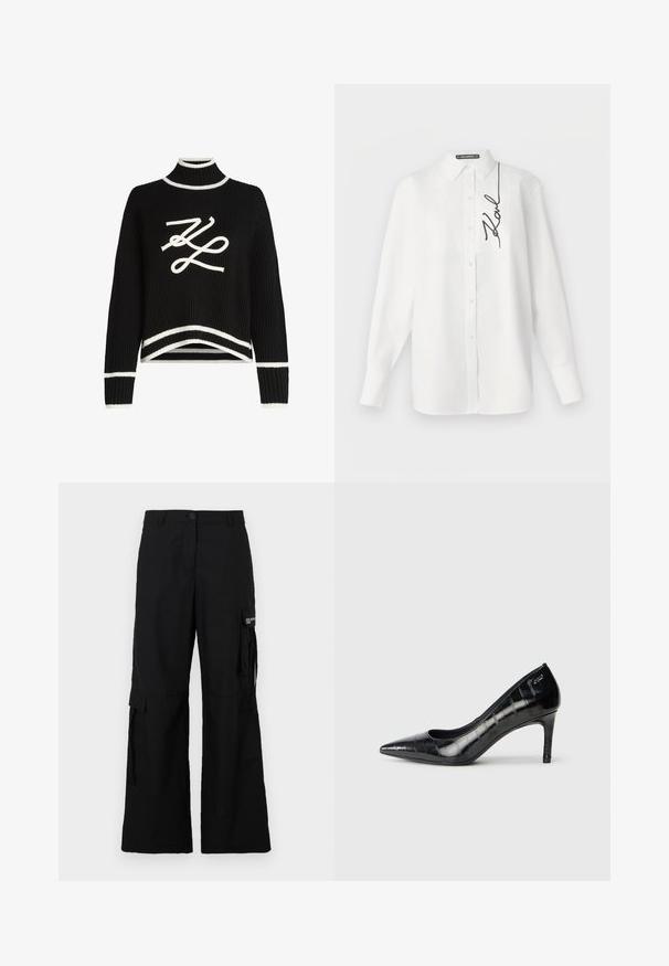 Maglione nero lavorato a maglia con collo alto, accenti bianchi ai polsini e all'orlo, caratterizzato da un grande logo bianco grafico sulla parte anteriore.; Camicia bianca a maniche lunghe in cotone, con tasca frontale e firma ricamata nera sul lato sinistro. Colletto classico e chiusura con bottoni.; Pantaloni cargo neri con un design a gamba larga, dotati di tasche laterali, chiusura a bottone e realizzati in un tessuto leggero.; Décolleté nere con punta affusolata, finitura lucida e un sottile motivo testurizzato. Presentano un tacco moderato e un design con apertura sulla parte superiore.