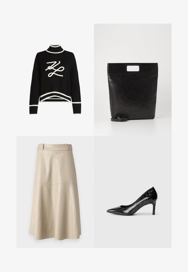 Zwart gebreid sweater met een hoge hals, witte accenten bij de mouwen en de zoom, met een opvallende witte logo-afbeelding op de voorkant.; Beige leren midi-rok met een gladde textuur, brede tailleband en uitlopende zoom; heeft gestikte naden voor extra detail.; Zwarte puntige hoge hakken met een glanzende afwerking en een subtiel textuurpatroon. Beschikt over een gematigde hak en een open halsontwerp.; Zwarte leren draagtas met een vierkant handvat, met een gestructureerde afwerking en een reliëflogo. Inclusief een afneembare schouderband.
