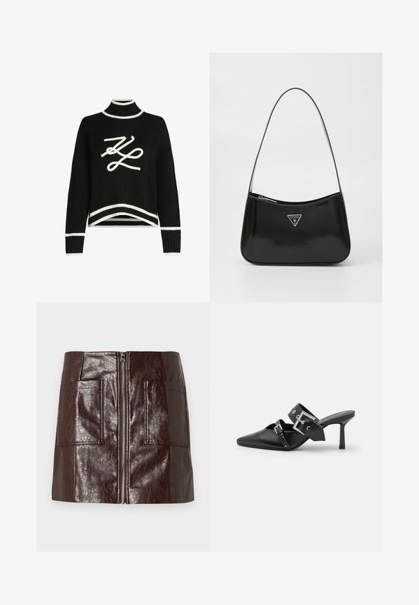Črn pleten pulover z visokim ovratnikom, belimi detajli na manšeti in robu, z izrazitim belim logotipom na sprednji strani.; Rjava mini krila iz umetnega usnja s sprednjim zadrgo, dvema velikima sprednjima žepoma in gladko, sijočo teksturo.; Črne visoke mule s koničastim prstom, izdelane iz gladkega usnja. Imajo širok gleženjski trak s kvadratno srebrno zaponko in okraski.; Črna patentirana usnjena torba za ramo s krožno obliko, opremljena s srebrnim trikotnim logotipom in zadrgo. Gladka tekstura in ozka naramnica.