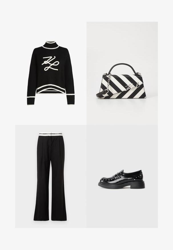 Black knitted sweater with a high neckline, white accents at the cuffs and hem, featuring a prominent white logo graphic on the front.; Black trousers with a relaxed fit, featuring a white elastic waistband with branding. Made of smooth fabric with a slight sheen.; Black patent leather loafers with decorative silver studs, round toe, low block heel, and smooth shiny texture.; Black and white striped handbag with a structured shape, featuring a top handle, a detachable chain strap, and metallic logo accent.