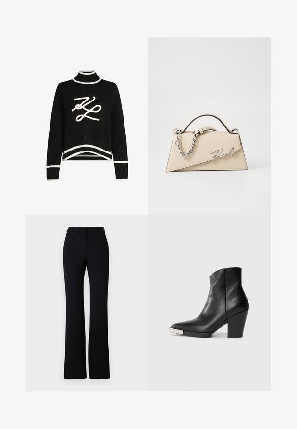 Černý pletený svetr s vysokým výstřihem, bílými akcenty na manžetách a lemu, s výraznou bílou grafikou loga na přední straně.; Černé kalhoty se rovný střih, hladkou texturou a páskem se zapínáním na jeden knoflík. Bez viditelných vzorů nebo akcentů.; Černá kožená kotníková bota s špičatou špičkou, vysokým blokovým podpatkem a stříbrným detaily na špičce. Hladká textura a jednoduchý design.; Béžová kožená kabelka se strukturovaným trojúhelníkovým tvarem, se stříbrným řetízkem a kovovým logem psaným kurzívou.