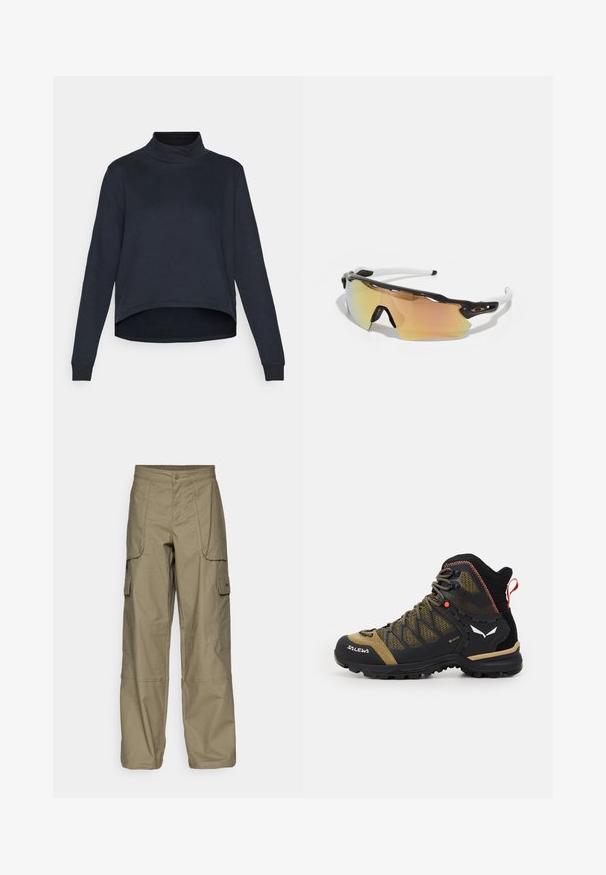 Yogasearcher BOTHI - Sportinis megztinis - black; Alyvuogių žalios spalvos cargo kelnės, pasižyminčios laisvu siluetu, keliais šoninėmis kišenėmis ir sagčių uždarymu juosmens srityje. Lygi tekstūra.; Vidutinio aukščio žygio batai juodos ir alyvuogių spalvos, su tinklo viršumi, guminėmis padais ir tekstūruotomis detalėmis bei galine traukimo juostele.; Akiniai nuo saulės su juodai balta rėmu, dideliais veidrodiniais objektyvais auksinėmis ir rožinėmis atspalviais, aerodinaminis dizainas ir išplėstas išorinis rėmelis.