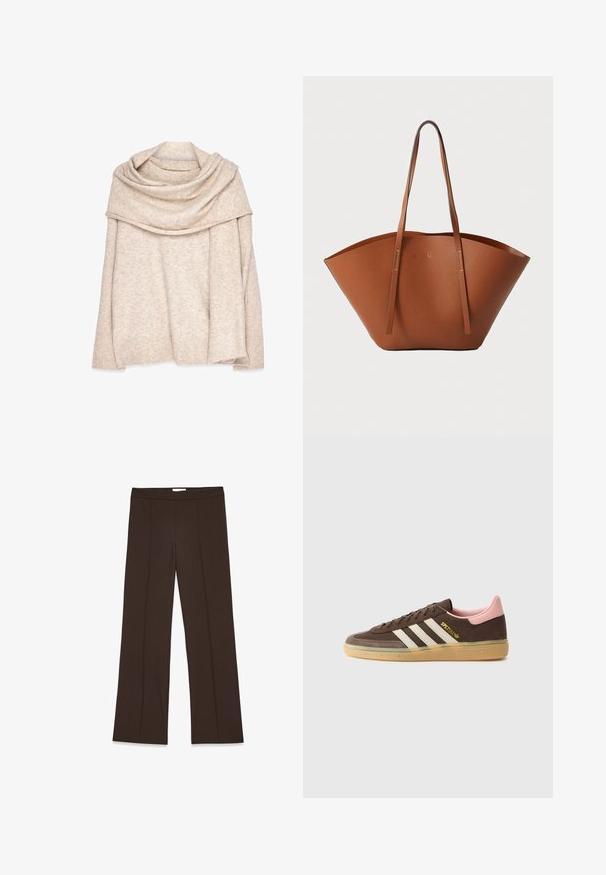 Beige, knitted pullover with a wide, draped neckline, long sleeves, and ribbed cuffs. Soft texture with a subtle heather pattern.; Brown, wide-leg trousers made of smooth fabric; features front pleats and a standard waistband. Minimalist design with no visible fasteners.; adidas Originals HANDBALL SPEZIAL UNISEX - Trainers - dark brown/alumina/wonder mauve; Brown leather tote bag with a wide, structured shape, thin handles, and a textured finish. Features minimalistic design with no visible hardware.