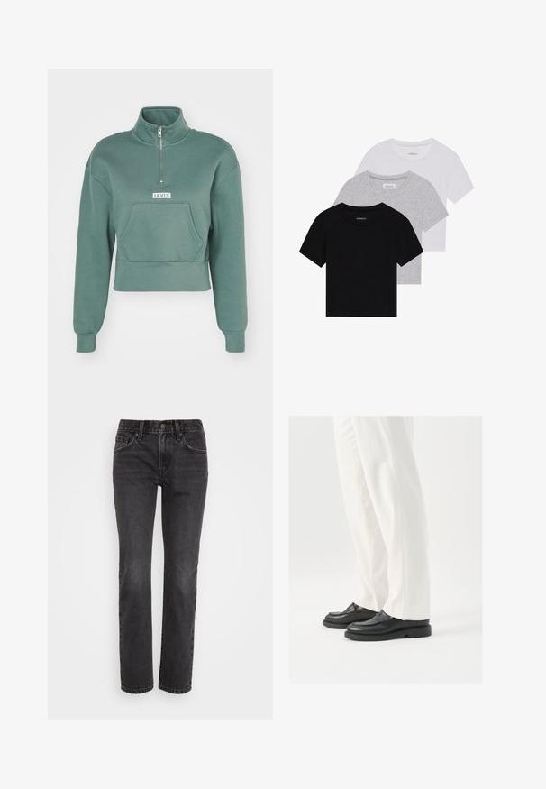 Levi's® LSEGRAPHIC SARA 1/4 ZIP - Φούτερ - dark forest; Σετ τριών κοντομάνικων μπλουζών σε μαύρο, γκρι και άσπρο. Κατασκευασμένες από βαμβάκι, διαθέτουν λαιμόκοψη και απλό, μονόχρωμο σχέδιο.; Μαύρα τζιν παντελόνια με ίσια γραμμή, διαθέτουν κλασικό σχέδιο πέντε τσεπών, φερμουάρ και αντίθετη ραφή κατά μήκος των ραφών.; Μαύρες δερμάτινες γόβες με λεία υφή, ραφές και στρογγυλή μύτη, συνδυασμένες με λευκά κομψά παντελόνια.