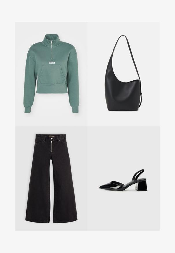 Levi's® LSEGRAPHIC SARA 1/4 ZIP - Sweatshirt - dark forest; Vide benbukser i sort denim med glidelås i front, fem-lomme design og subtile sømdetaljer. Glatt tekstur og avslappet stil.; Svarte patentlær slingback hæler med spiss tå og geometrisk blokk hæl. Har et stilrent, minimalistisk design og jevn tekstur.; Svart lær hobo-veske med glatt tekstur, buet form og enkelt justerbart stropp; har en bred åpning på toppen.
