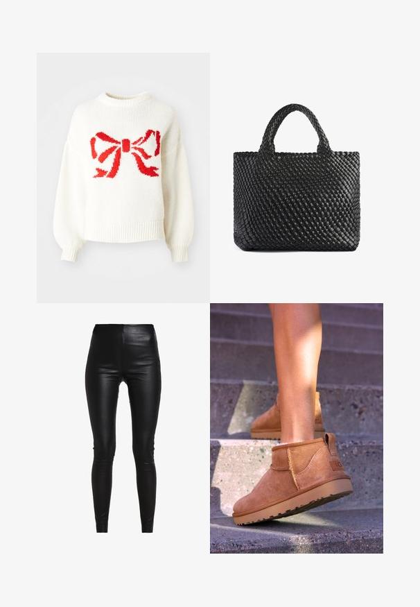 Bela pletena jopica s velikim rdečim lokom na sprednji strani. Jopica ima okroglo ovratnik in rebraste manšete ter rob.; Črne legice iz umetnega usnja z visokim pasom, prilegajočim se krojem, gladko teksturo ter brez vidnih šivov ali okrasitev.; Svetlosive nobuck gležnjarji z mehko teksturo, všitimi detajli in gumijastim podplatom, z zanko na peti za enostavno obuvanje.; Črna tkaninasta torba s two ročaji, ki ima teksturirano površino in pravokotno obliko. Preprost, edinstven dizajn brez vidne opreme.