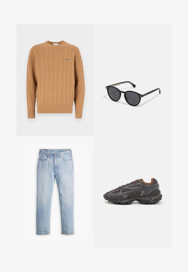 Pulover tricotat cu fir în culoarea cămilei, realizat dintr-un material texturat, având o margine și manșete cu nervuri, cu un mic logo verde pe piept.; Jeans din denim de un albastru deschis, cu un design drept al picioarelor, stil cu cinci buzunare și cusături contrastante. Închidere cu nasture și fermoar la talie.; Adidași Lacoste de culoare gri închis, din material mesh și sintetic, cu o talpă texturată și accente maronii pe guler și branding.; BOSS Ochelari de soare - black