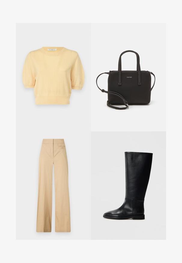 pure cashmere PUFF SHORTSLEEVE - Pulover - butter; Beige široke hlače iz mešanice bombaža. Imajo gladko teksturo, elastičen pas in stranski gumbov detajl.; Črne usnjene škornje do kolen z zaobljenim nosom, gladko teksturo, minimalističnim dizajnom in ravnim podplatom. Preproste šivane detajle na zgornjem delu.; Črna torbica z dvema kratkima ročajema in odstranljivim naramnim trakom. Gladek usnju podoben material z zadrgo in podrobnostmi z logotipom.