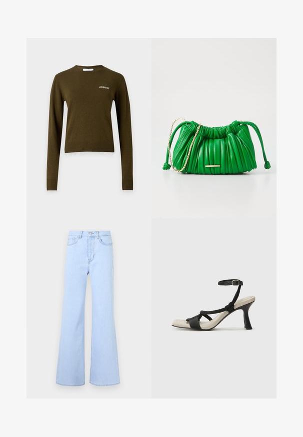 Olivenfarget, langermet genser med ribbet rund hals og kant. Har subtil hvit "2ND DAY" brodering på brystet. Myk tekstur.; Lys blå flared jeans med høy midje, med fem lommer, knappelukking og en glatt denimstruktur. Kanten er pent sydd.; Sorte helårs sandaler med flettet stroppesdesign, firkantet tå og justerbar ankelrem. Lys beige fotseng med glanset svart hæl.; Grønn lærveske med samlet tekstur, gullkjede-detalj og snorlukking. Har en minimalistisk gullmaskinvareakent.