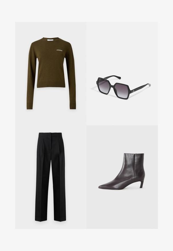 Oliivroheline, pikakä sleeves-villane särk ribiga ümara kaelusega ja äärega. Rinnal on peen valge "2ND DAY" tikand. Pehme tekstuur.; Mustad mustadest kangast püksid, millel on vooderdatud disain, voldid, sirge jalg ja lame esiosa. Vastupidav ja sile tekstuur.; Must musta kaljam boots, terava varvas ja madal kitten kont, sile pind, külg-edasi tõmbetõmbe, esitatud neutraalses taustas.; Mustad kuuekülgsed prillid gradueeritud läätsedega, millel on läikiv viimistlus ja peene bränding põlvel. Vastupidav plastikust konstruktsioon.