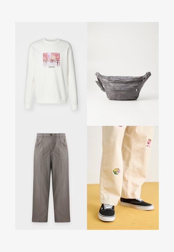 Fehér pulóver négyzet alakú grafikával, amely egy városképet ábrázol. Az "New York" felirattal és az "Since 2013" szöveggel a kép alatt.; Szürke hounds-tooth mintás nadrág, egyenes fazonnal, redőkkel, gombos derékrésszel és oldalsó zsebekkel.; Beige pamut nadrág játékos hímzett mintákkal, beleértve egy rózsaszín karaktert és színes blokkot, fekete fűzős tornacipővel párosítva.; Szürke velúr övtáska kerek formával, két cipzáras rekesszel és állítható pánttal. Fém dekorációval rendelkezik.
