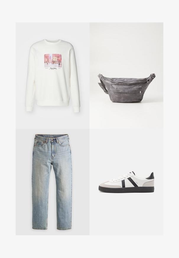 Sweatshirt blanc avec un graphique carré représentant une scène de ville. Accentué par le texte "New York" et "Depuis 2013" en dessous de l'image.; Jean en denim bleu clair à taille haute, avec bouton avant, fermeture éclair et design à cinq poches, posé à plat sur un fond neutre.; Baskets blanches avec des accents noirs et gris, présentant un embout texturé gris, une semelle en caoutchouc noir et des lacets plats blancs. Design épuré, style minimaliste.; Sac banane en suède gris avec une forme arrondie, deux compartiments zippés et une sangle réglable. Comprend des accents en métal.