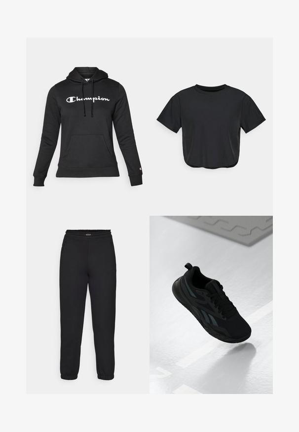 Sort hoodie lavet af blødt stof med en frontlomme, snore og et fremtrædende hvidt "Champion"-logo på brystet.; Sort cropped t-shirt lavet af blødt materiale, med rund halsudskæring, korte ærmer og en afslappet pasform. Diskrete syninger.; Champion C-TECH CUFFED PANTS INTERLOCK - Træningsbukser - black; Sort atletiksko med en mesh-overdel, der har strukturerede accenter og en flad sål. Inkluderer tonal branding og en trækflap ved hælen.