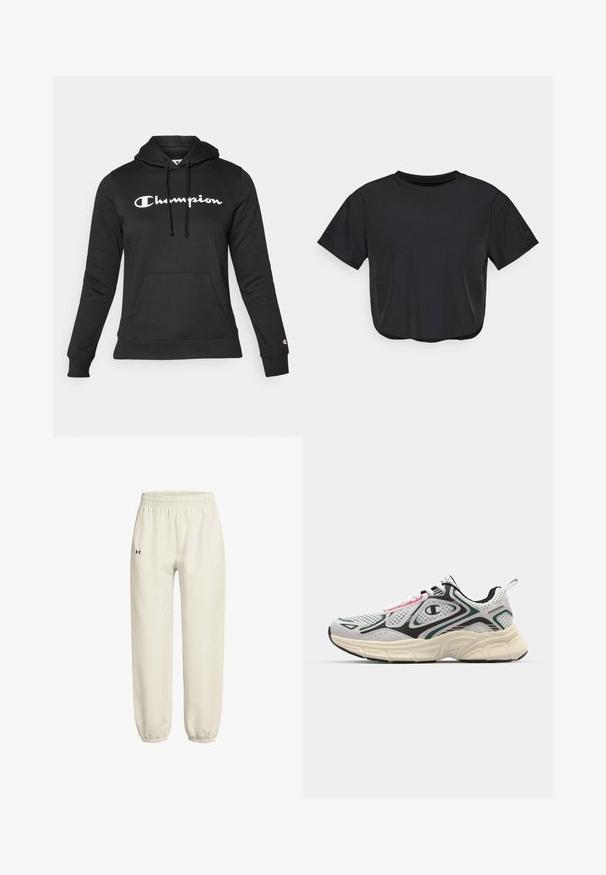 Schwarzer Kapuzenpullover aus weichem Stoff, mit einer Fronttasche, Kordelzügen und einem auffälligen weißen "Champion"-Logo auf der Brust.; Schwarzes, kurz geschnittenes T-Shirt aus weichem Material, mit Rundhalsausschnitt, kurzen Ärmeln und lockerer Passform. Dezente Nähte.; Helle beige Jogginghose mit elastischem Bund und schmal zulaufenden Beinabschlüssen. Hergestellt aus glattem Stoff mit einem kleinen schwarzen Logo auf der linken Seite.; Sportliche Sneakers mit einem grauen und weißen Mesh-Obermaterial, schwarzen Akzenten, einer klobigen cremefarbenen Sohle sowie pinken und türkisfarbenen Designelementen.