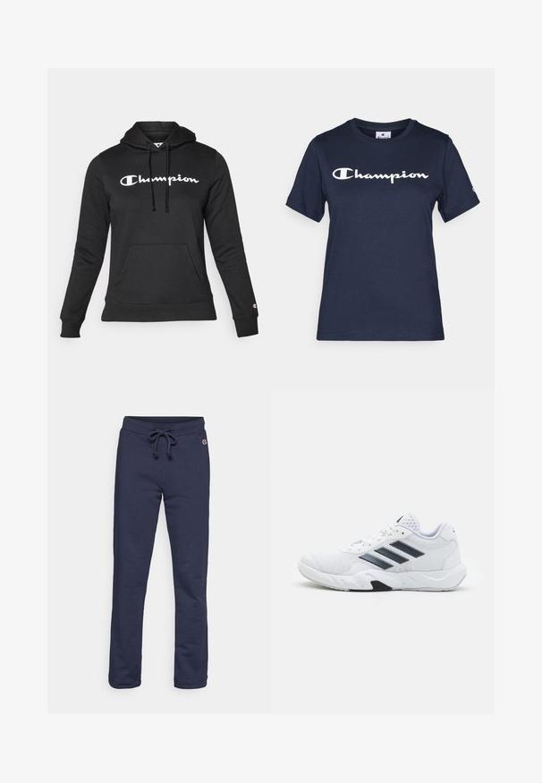 Black hoodie made of soft fabric featuring a front pouch pocket, drawstrings, and a prominent white "Champion" logo on the chest.; Navy blue cotton t-shirt with short sleeves, featuring a white "Champion" logo across the chest and a small logo on the sleeve.; Navy blue sweatpants made of soft cotton blend fabric, featuring a drawstring waist and closed hem, with a small logo accent.; White athletic shoe with mesh upper, three black stripes on the side, textured accents, and a sturdy rubber sole with a contrasting black section.