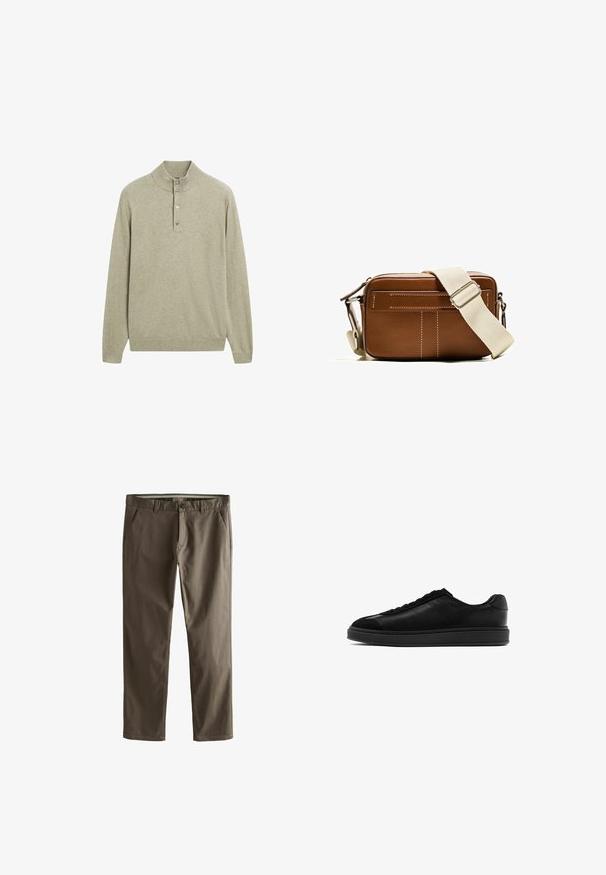 Světle zelený pulovr s vysokým límcem, zapínáním na pět knoflíků a dlouhými rukávy. Vyrobený z měkké texturované látky s vroubkovanými manžetami a spodním lemem.; Hnědé bavlněné chino kalhoty se střihem rovného nohavice, předními kapsami a zapínáním na knoflík. Vyznačují se hladkým povrchem a čistými liniemi.; Černé kožené tenisky s hladkým povrchem, kulatou špičkou, šněrováním na přední části a kontrastní texturovanou klopnou. Silná černá gumová podrážka.; Hnědá kožená taška přes rameno s bílým prošíváním, obdélníkový tvar, zipové uzavírání a béžový nastavitelný popruh. Obsahuje dvě přední kapsy.