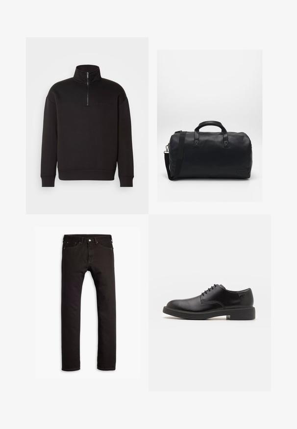 Fekete negyedcipzáras pulóver puha anyagból, magas gallérral és bordázott mandzsettákkal. Diszkrét Calvin Klein logó a mellkason.; Fekete farmernadrág egyenes fazonban, gombbal és cipzárral záródik, öt zsebbel rendelkezik, és finom varrási részletekkel van ellátva.; Fekete bőrcipő, kerek orrú, sima felületű, minimális varrással és alacsony gumitalppal. Logó a sarokrészen.; Fekete sporttáska textúrált szintetikus anyagból. Két fogantyúval és állítható vállpánttal rendelkezik. Egyszerű kialakítás, látható minták nélkül.