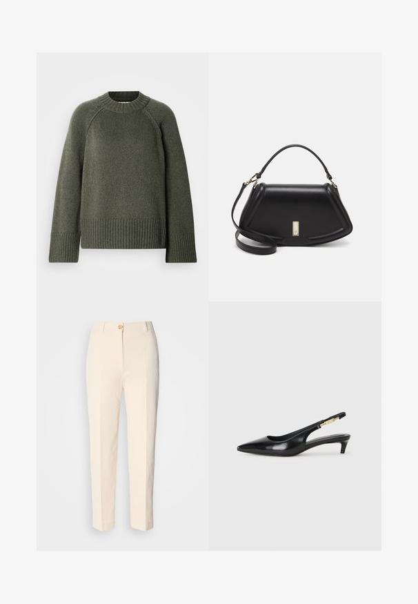 Groene gebreide trui met een ronde hals, raglanmouwen en geribbelde zoom en manchetten. Gemaakt van een zacht, gestructureerd materiaal.; Crèmekleurige, hooggerocalde broeken van een gestructureerde stof. Voorzien van een sluiting met knoop aan de voorkant en taps toelopende pijpen.; Zwarte leren slingback hakken met een spitse neus, voorzien van een slanke hak en een goudkleurige accent op de verstelbare band. Gladde textuur.; Zwarte leren handtas met een gestructureerd ontwerp, featuring een verkorte vorm, bovenhandvat en gouden hardwareaccent. Inclusief verstelbare schouderband.