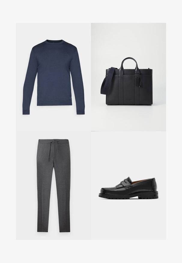 Svetří v námořnické modři s kulatým výstřihem, vyrobený z hladké pleteniny. Má dlouhé rukávy a žebrované manžety. Jednoduchý a elegantní design.; Tmavě šedé zúžené kalhoty s elastickým pasem a stahovací šňůrkou, se subtilními vrypy po přední části.; Černé kožené mokasíny mají zvýšený šev, dvě dekorativní pásky na svršku a silnou strukturovanou podrážku pro lepší přilnavost.; Tmavě námořnická kožená aktovka s dvojitými horními rukojeťmi a odnímatelným popruhem. Má texturovaný povrch, vertikální švy a detail s logem.
