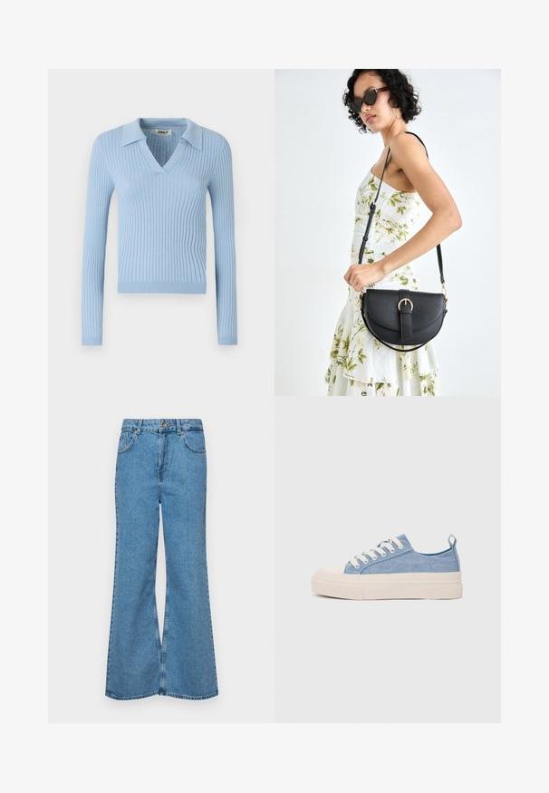 Lichtblauwe geribde trui met lange mouwen, V-hals en kraag; heeft een zachte textuur en een aansluitend ontwerp.; Lichtblauwe flared jeans van denim, met een hoge taille, vijf zakken en een enkele knoopsluiting. Zachte textuur met een vervaagde afwerking.; Lichtblauwe canvas sneakers met een crème rubberen neuskap en zool, voorzien van witte veters en een trekstrip op de hiel.; Zwarte leren handtas met een gebogen vorm, afneembare schouderband en gouden hardware. De tas heeft een klep met een gespsluiting.