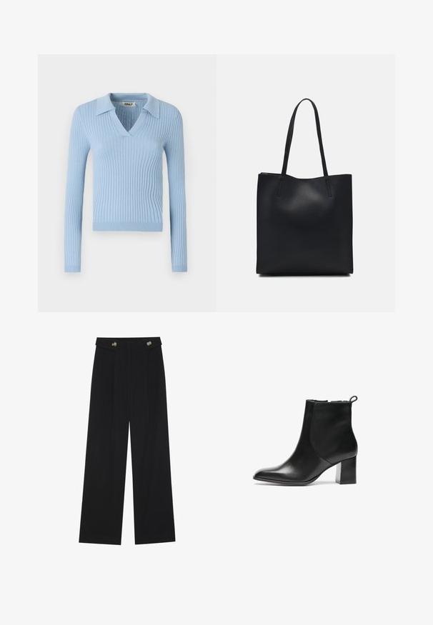 Hellblau gestreifter Pullover mit langen Ärmeln, V-Ausschnitt und Kragen; zeichnet sich durch eine weiche Textur und einen figurbetonten Schnitt aus.; Schwarze weite Hosen mit hoher Taille, Knopfdetails am Bund und vorderen Falten.; Schwarze Leder-Ankle-Boots mit runder Spitze, moderatem Blockabsatz und einer Schlaufe an der Rückseite. Glatte Textur, minimales Design.; Schwarze Laptoptasche aus Leder mit glatter Textur, rechteckiger Form und zwei langen Griffen. Keine sichtbaren Beschläge oder Verzierungen.