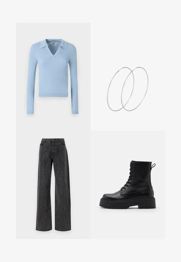 Jasnoniebieski sweter prążkowany z długimi rękawami, wykończony dekoltem w kształcie litery V i kołnierzykiem; charakteryzuje się miękką fakturą i dopasowanym krojem.; Noisy May NMJANNEL czarny denim; Czarne skórzane botki za kostkę z okrągłym noskiem, sznurówką z przodu i grubą gumową podeszwą z teksturowanym bieżnikiem. Pętelka do zakładania z tyłu.; Srebrne kolczyki w formie obręczy o minimalistycznym designie. Okrągły kształt, gładka faktura i cienki profil. Lekkie, z polerowanym wykończeniem.