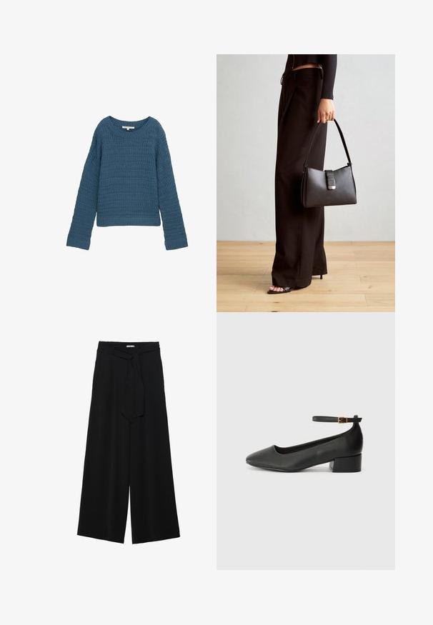 Modra pletena majica s okroglim izrezom, teksturiran vzorec, dolgi rokavi in riban rob. Sproščen dizajn, mehak material, lahka.; Črne široke hlače iz teksturirane tkanine, z elastičnim pasom in odstranljivim trakom na pasu za prilagodljivo prileganje.; Črne usnjene pumpice z nazobčanimi prsti in nizko blokasto peto. Imajo trak okoli gležnja z zaponko v zlatem tonu. Gladka tekstura.; Črna torbica z strukturirano obliko, gladko teksturo in kovinskim zaponko. Ujemajo se z širokimi črnimi hlačami in odprtimi sandali na lesenem tleh.