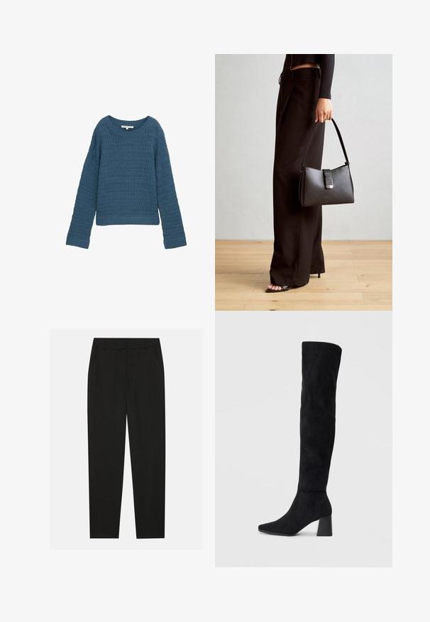 Mėlynas megztinis su apvaliu iškirpimu, tekstūruotu raštu, ilgomis rankovėmis ir rifliniu apdailu. Kasdieniškas dizainas, minkšta medžiaga, lengvas.; Juodos kelnes su pritaikytu dizainu, turinčios šonines kišenes ir tiesią koją. Pagamintos iš lygaus, lengvo audinio su blizgiu paviršiumi.; Juoda zomšinė kelio ilgio batai su blokuotu kulnu, smailiu nosiu ir lygiu, be siūlių dizainu ant paprastos šviesios fono.; Juodas rankinė struktūrizuota forma, lygi tekstūra ir metalinis užsegimas. Suporuota su plačiomis juodomis kelnėmis ir atvirais bateliais ant medinių grindų.