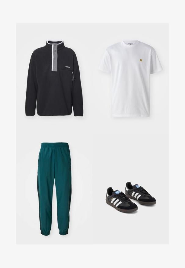 Black fleece pullover with a high collar, gray front placket, and white accents. Features a zippered pocket on the left side.; White cotton t-shirt with short sleeves, crew neck, featuring a small gold logo on the left chest area. Soft texture and regular fit.; Teal athletic pants with a drawstring waist, elastic cuffs, and side black stripes. Made of lightweight fabric, featuring a logo near the hip.; Black sneakers with a suede and synthetic upper, featuring three white stripes, textured rubber sole, and blue logo tag on the tongue.