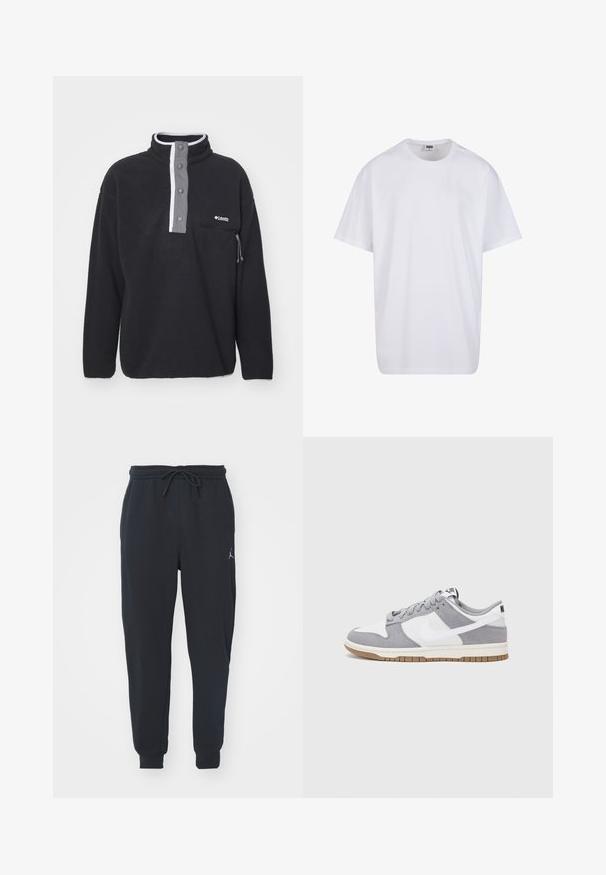 Black fleece pullover with a high collar, gray front placket, and white accents. Features a zippered pocket on the left side.; White cotton t-shirt with short sleeves, rounded neckline, relaxed fit, and no visible logos or patterns. Smooth texture and minimal design.; Black jogger pants made of soft fabric, featuring an elastic waistband with a drawstring, ribbed cuffs, and a small logo on the left thigh.; Nike sneakers feature a gray suede and white leather upper with perforations, round laces, and a gum sole for traction.