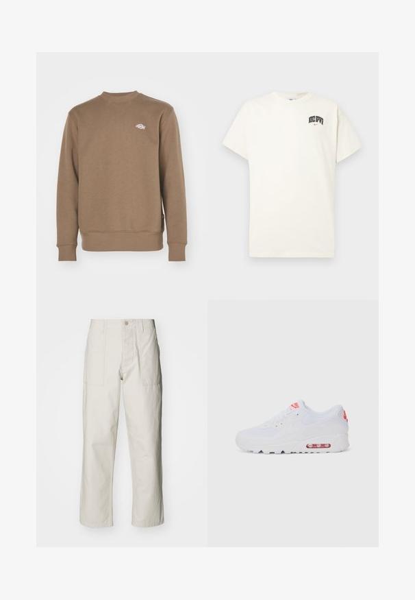 Dickies SUMMERDALE - Mikina - mushroom; Kravetově bílý bavlněný tričko s krátkým rukávem, na hrudi s nápisem "NIKE SB" v černém a červeném písmu. Standardní kulatý výstřih.; Světle béžové kalhoty s širokými nohavicemi vyrobené z bavlny. Obsahují přední kapsy a zapínání na knoflík. Hladký povrch s jemnými vertikálními pruhy.; Bílé sportovní tenisky s hladkým svrškem, šněrováním, polstrovanou podrážkou a viditelnou vzduchovou jednotkou s červenými akcenty na značce.