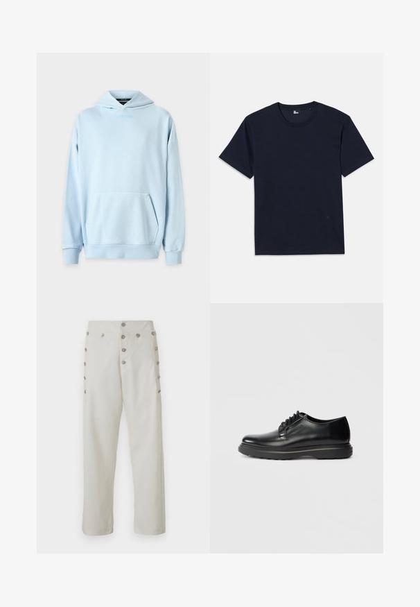 Világoskék kapucnis pulóver elülső zsebbel, bordázott mandzsettákkal és hímzett logóval a mellkason. Puha pamutkeverék anyagból készült.; Sötétkék pamut póló rövid ujjal, kerek nyakkivágással és minimális varrási részletekkel. Egyszerű dizájn, látható minták vagy díszek nélkül.; Tejfehér színű nadrág, egyenes szabással, díszítő ezüstgomb részletekkel mindkét oldalon és sima szövettextúrával.; Fekete bőr, fűzős Oxford cipő, vastag talppal, az oldalán "WATERMAN" felirattal, profilból megjelenítve, világos szürke háttéren.