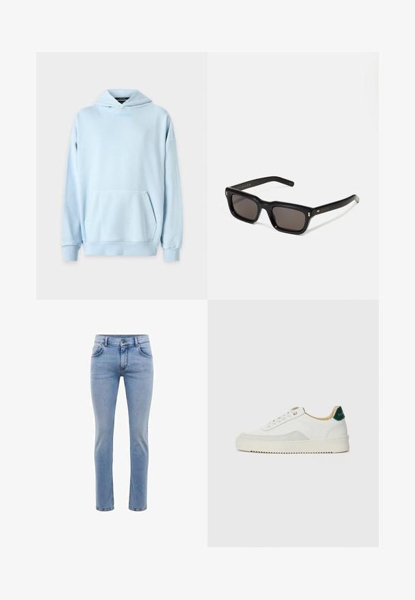 Felpa leggera blu con cappuccio, caratterizzata da una tasca frontale, polsini a costine e un logo ricamato sul petto. Realizzata in morbido tessuto misto cotone.; Jeans in denim blu chiaro con vestibilità slim, cinque tasche e design a gamba dritta. Presenta un'apertura con zip e passanti per cintura. Texture morbida.; Sneaker bianco con accenti in camoscio, punta rotonda, lacci piatti e suola in gomma crema. Presenta un marchio verde sul tallone.; Occhiali da sole neri rettangolari con lenti scure, montatura spessa in plastica, dettagli dorati sulle tempie e logo del marchio inciso sull'asta.