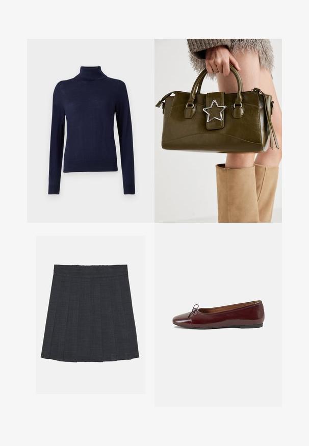 Pull à col roulé bleu marine, fabriqué en tissu tricoté fin, doté de manches longues, d'un col côtelé et d'une coupe ajustée sans motifs ni détails visibles.; Jupe plissée gris foncé avec une taille élastique, dotée d'un tissu texturé et d'une silhouette A-line classique. Convient pour une tenue décontractée.; Ballerines en cuir verni bordeaux avec un bout rond, un petit nœud décoratif à l'avant et une semelle en caoutchouc noire basse. Texture lisse.; Sac à main en simili cuir vert olive avec accent étoilé argenté, deux poignées et fermeture éclair. Surface texturée et forme structurée.