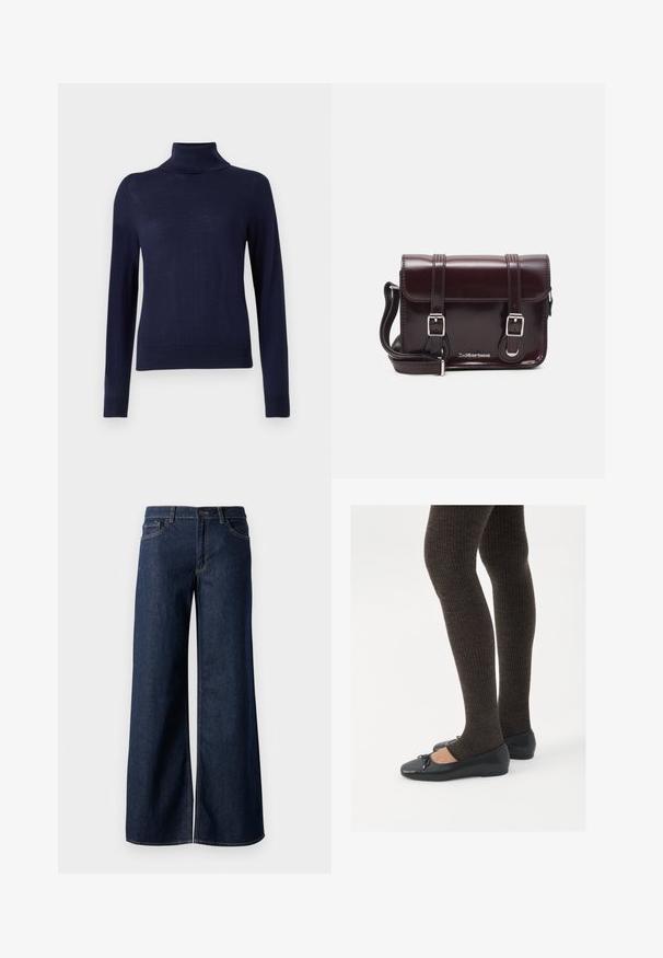 Navy turtleneck sweater, made of fine knit fabric, features long sleeves, a ribbed collar, and a fitted design with no visible patterns or details.; Wide-leg jeans in dark blue denim. Features contrast stitching, five pockets, and a button closure at the waist. Smooth texture.; Black flat shoes with a small bow detail at the toe, paired with dark brown ribbed tights. Shoes have a smooth texture and low profile.; Burgundy patent leather crossbody bag with a rectangular shape, two straps, silver hardware, and a flap closure.