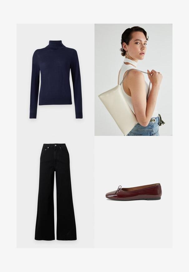 Suéter de cuello alto en color navy, hecho de una tela de punto fina, con mangas largas, un cuello acanalado y un diseño ajustado sin patrones o detalles visibles.; Vaqueros negros de pierna ancha hechos de mezclilla, con cintura alta, cinco bolsillos, cierre frontal con botones y detalles de costura mínimos.; Bailarina de charol burdeos con punta redonda, pequeño lazo en la parte frontal y una suela baja de goma negra. Textura suave.; Bolso de mano rectangular blanco, hecho de un material brillante, con una cadena plateada. La modelo posa, mostrando el bolso frente a un fondo liso.