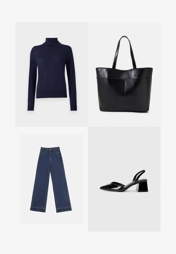 Pull à col roulé bleu marine, fabriqué en tissu tricoté fin, doté de manches longues, d'un col côtelé et d'une coupe ajustée sans motifs ni détails visibles.; Jeans à jambes larges en denim bleu foncé. Comprend cinq poches, des passants de ceinture et un ourlet brut en bas avec des détails de couture visibles.; Escarpins en cuir verni noir avec bout pointu et talon bloc géométrique. Présente un design élégant et minimaliste ainsi qu'une texture lisse.; Sac fourre-tout en cuir noir avec deux longues poignées, une texture lisse et une forme structurée. Dispose d'une poche avant pour un rangement supplémentaire.