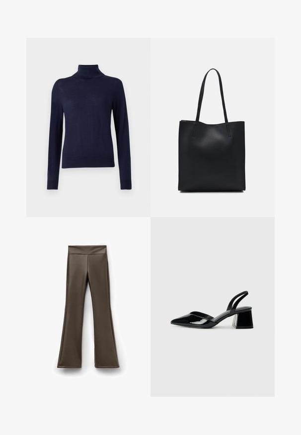 Granatowy sweter z golfem, wykonany z delikatnej dzianiny, ma długie rękawy, prążkowany kołnierz oraz dopasowany krój bez widocznych wzorów czy detali.; Brązowe spodnie z sztucznej skóry w fasonie dzwonów z wysokim stanem, charakteryzujące się gładką strukturą i dopasowaną sylwetką.; Czarne lakierowane półbuty na obcasie z wydłużonym noskiem i geometrycznym słupkiem. Charakteryzują się eleganckim, minimalistycznym designem oraz gładką fakturą.; Czarna skórzana torba tote o gładkiej fakturze, prostokątnym kształcie i dwóch długich uchwytach. Brak widocznych elementów metalowych i ozdób.