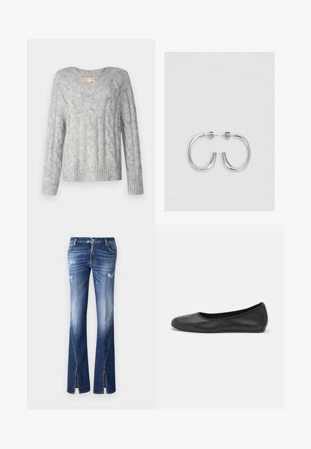 Sivi džemper od pletene vune s V-izrezom, dugim rukavima i rebrastim rubom. Tekstura izgleda mekano i debelo, s klasičnim uzorkom.; DSQUARED2 ICON TRUMPET - Trapezaste traperice - blue denim; Crne kožne baletanke s zaobljenim vrhom, glatke teksture, minimalnim detaljima šavova i fleksibilnim dizajnom potplata.; Srebro naušnice u obliku prstena s glatkom, sjajnom završnom obradom. Zaobljenog oblika, laganog dizajna, s kopčom na poleđini.
