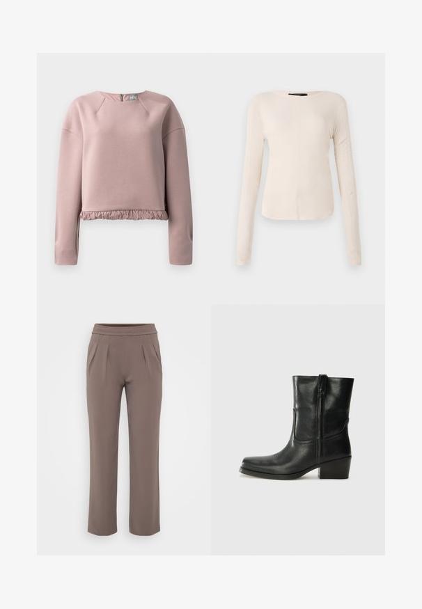 Jasnoróżowa bluza wykonana z miękkiego materiału, z okrągłym dekoltem, długimi rękawami i falbaniastym dołem. Zamek błyskawiczny z tyłu.; Długi rękaw, jasnobeżowa bluzka z okrągłym dekoltem. Wykonana z miękkiego materiału, posiada centralny szew oraz lekko zaokrąglony dół. Brak widocznych elementów metalowych.; Sukienki w kolorze taupe o luźnym kroju, z elastycznym paskiem w talii i fałdami z przodu, wykonane z gładkiego materiału.; Czarne skórzane botki za kostkę z okrągłym noskiem, słupkowym obcasem, bocznym zamkiem i przeszyciami na cholewce. Gładka tekstura, klasyczny design.