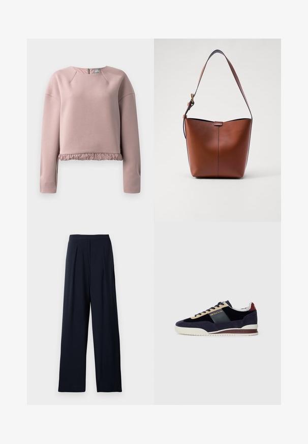 Svetlo ružová mikina vyrobená z mäkkého materiálu, s okrúhlym výstrihom, dlhými rukávmi a volánovým lemom. Zadný zips.; Námornícke široké nohavice s pukmi, vyrobené z mäkkej látky. Majú hladký pás a jednoduchý dizajn pre všestranné nosenie.; Námornícke zamatové tenisky s béžovými a tmavomodrými akcentmi. Majú bielu gumovú podrážku a zlaté značkovanie na boku. Klasický atletický dizajn.; Hnedá kožená taška cez rameno s zakriveným tvarom, hladkou textúrou a jedným tenkým popruhom. Obsahuje jemný šev a malý logo detail.
