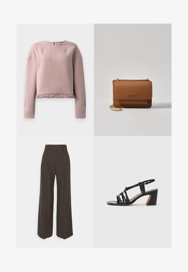 Světle růžová mikina vyrobená z jemného materiálu, s kulatým výstřihem, dlouhými rukávy a volánkovým lemem. Záda mají detail se zipem.; Tmavě hnědé kalhoty s širokými nohavicemi a vysokým pasem, s elegantně vyžehlenými puky, hladkou texturou a přesným střihem.; Paul Smith AMIRA - Klasické lodičky - black; Hnědá texturovaná kožená kabelka přes rameno se zlatým řetízkovým popruhem a klopnovým uzavíráním. Přední strana obsahuje detail loga a kapsu pod klopou.