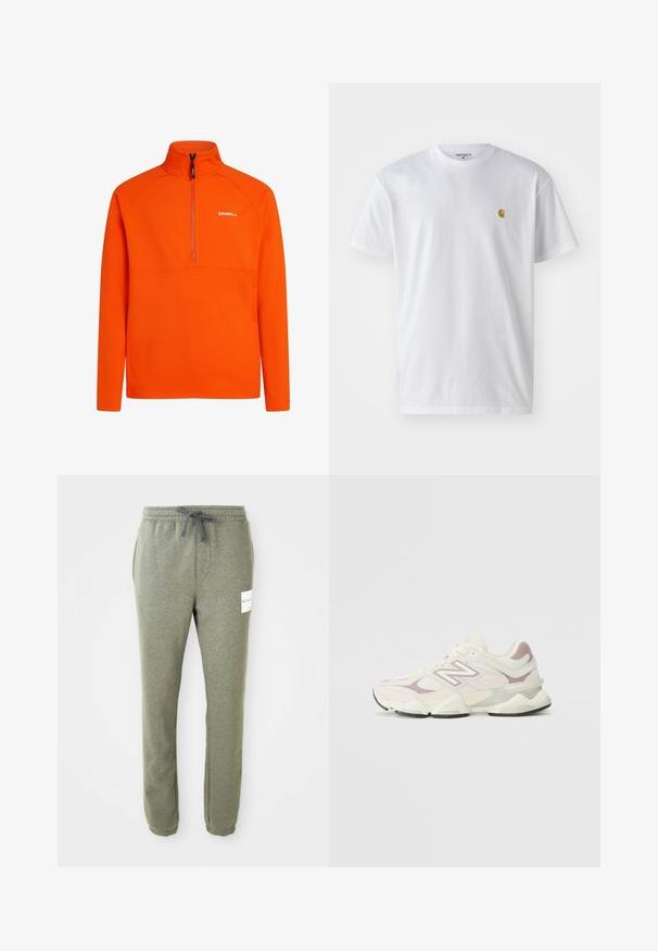 Oranžs flīsa džemperis ar augstu apkakli un pusādu dizainu. Iespējamās raglāna piedurknes un neliels balts logo uz krūtīm.; Balta kokvilnas t-kreklu ar īsām piedurknēm, apaļu kakla izgriezumu, ar mazu zelta logotipu kreisajā krūšu pusē. Mīksta tekstūra un regulāra piegriezuma.; Hētera pelēkas taperētas sporta bikses ar elastīgu jostu, auklu, sānu kabatām, potīšu aprocēm un mazu baltu zīmola etiķeti labajā augšstilbā.; Balti un gaiši pelēki sporta apavi ar tīkla un sintētisko virsu, polsterētu apkakli, teksturētām akcentiem un biezu gumijas zoli.
