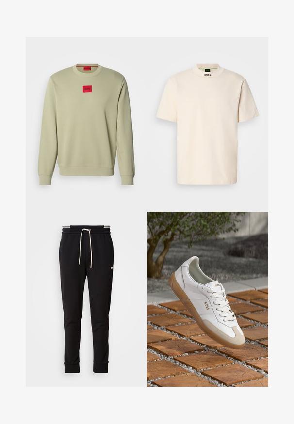Lys grønn sweatshirt med rund hals, ribbestrikkede mansjetter, og en liten rød rektangulær brodert logo på brystet. Myk stofftextur.; Kremfarget kortermet T-skjorte med høy krage, med "BOSS" trykket i svart på den fremre kragen og på innermetikk.; Sorte slim-fit joggebukser med hvit snor, ribbede mansjetter og subtil logo på den øvre låret mot en ensfarget bakgrunn.; Hvite lær sneakers med beige semsket detaljer, som har rund tå, snøring foran og tan gummisåle, med merkevarenavnet "BOSS."