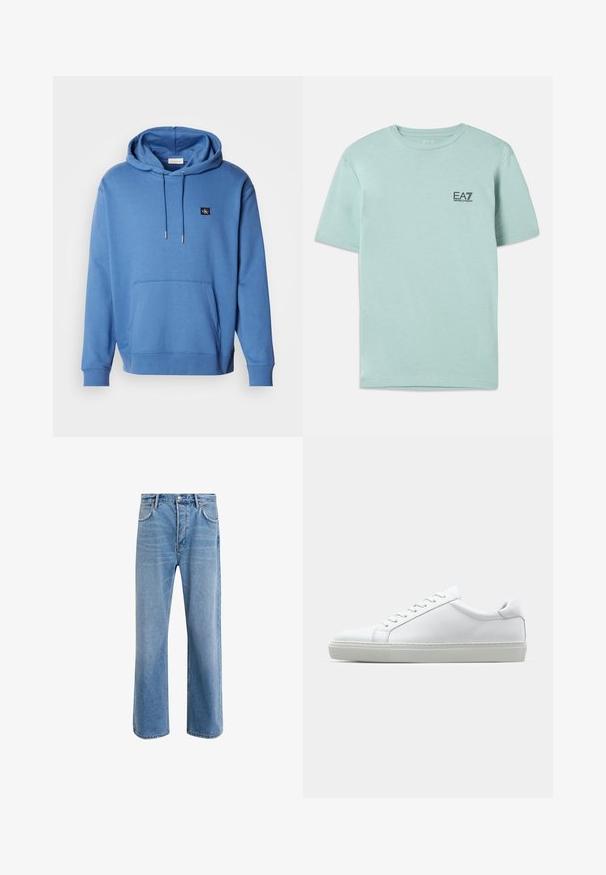 Kék pamut kapucnis pulcsi elülső zsebbel és húzózsinórral. Kis hímezett logó található a mellkason, valamint bordázott mandzsetták. Puha tapintású.; Világos mentazöld, pamutból készült póló, rövid ujjakkal és kerek nyakkal, a mellkasán egy kis fekete EA7 logóval.; Világoskék farmernadrág, egyenes szárú fazonnal, öt zsebbel, gombos záródással, minimális kopással és kontrasztos varrással.; Fehér sportcipő sima bőr felső résszel és alacsony profilsal. Kerek orr, hat fűzőlyuk és barázdált gumitalp jellemzi.
